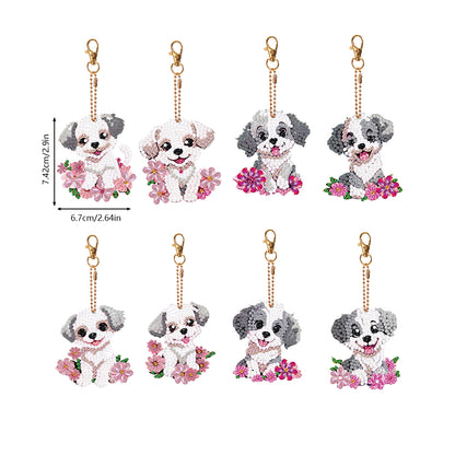 8PCS Double Sided Round Diamond Painting Art Keychain Pendant (White Dog)