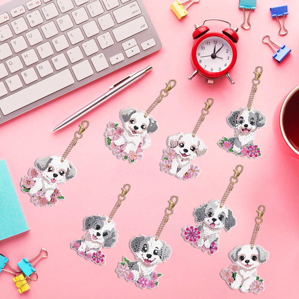 8PCS Double Sided Round Diamond Painting Art Keychain Pendant (White Dog)