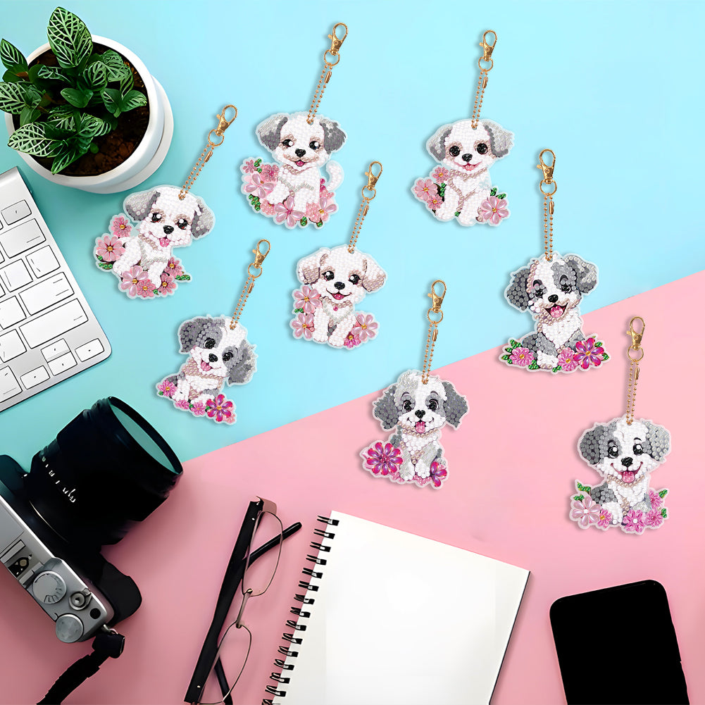 8PCS Double Sided Round Diamond Painting Art Keychain Pendant (White Dog)
