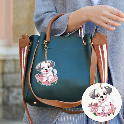 8PCS Double Sided Round Diamond Painting Art Keychain Pendant (White Dog)