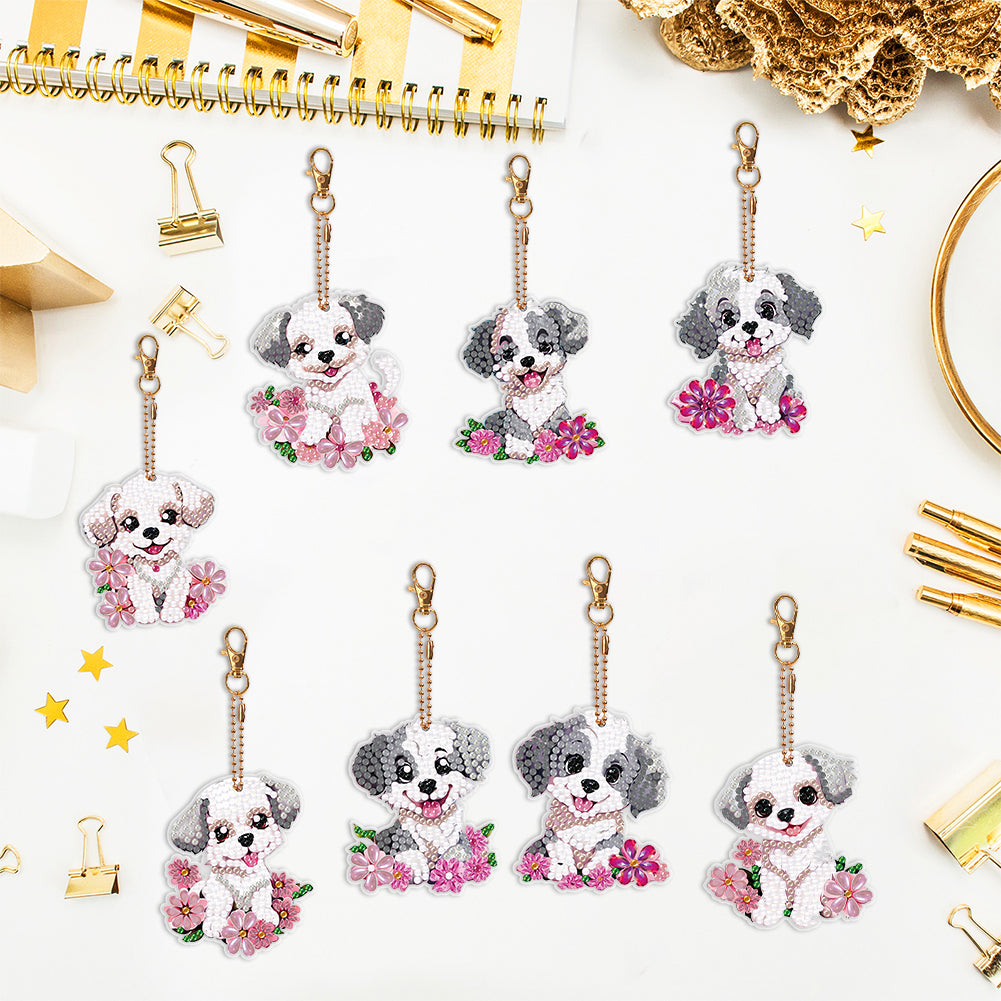 8PCS Double Sided Round Diamond Painting Art Keychain Pendant (White Dog)