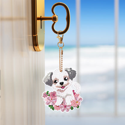 8PCS Double Sided Round Diamond Painting Art Keychain Pendant (White Dog)
