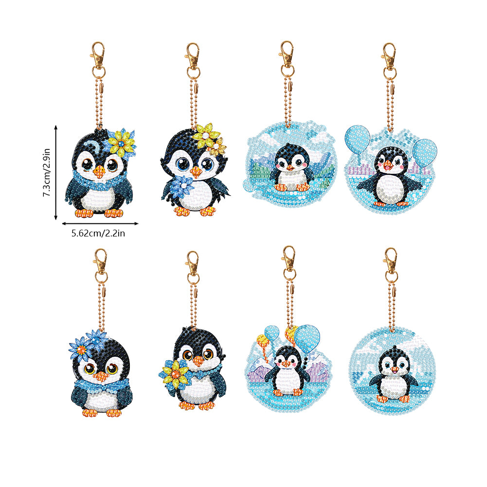 8PCS Double Sided Round Diamond Painting Art Keychain Pendant (Penguin #12)