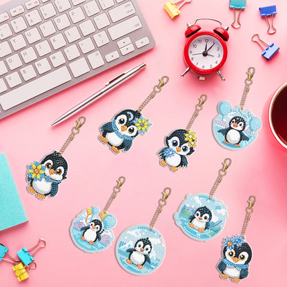 8PCS Double Sided Round Diamond Painting Art Keychain Pendant (Penguin #12)