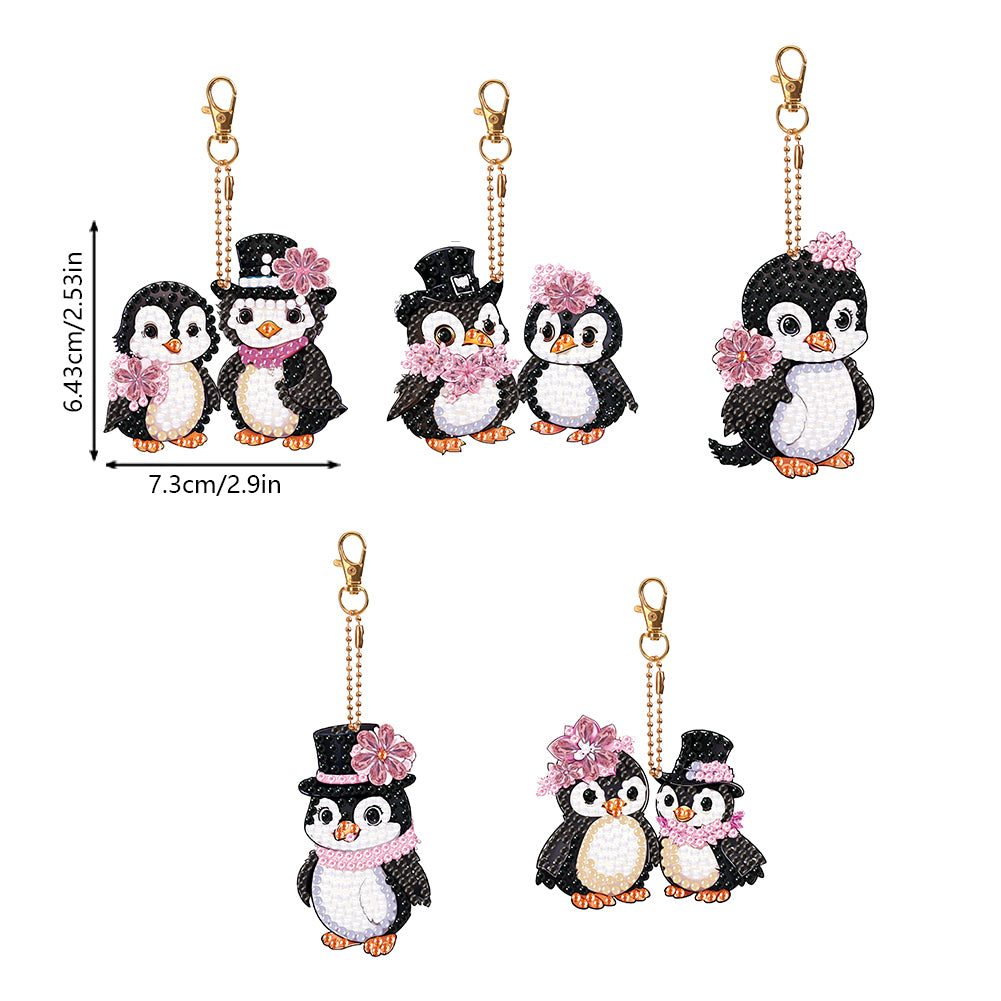 5PCS Double Sided Round Diamond Painting Art Keychain Pendant (Penguin #1)