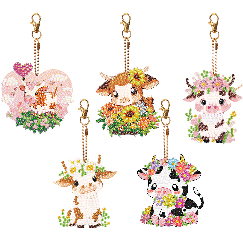 5PCS Double Sided Round Diamond Painting Art Keychain Pendant for Adults (Calf)