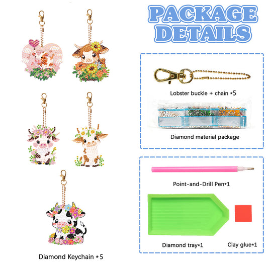 5PCS Double Sided Round Diamond Painting Art Keychain Pendant for Adults (Calf)