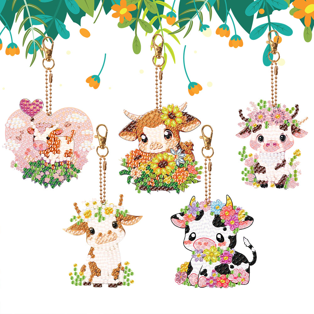 5PCS Double Sided Round Diamond Painting Art Keychain Pendant for Adults (Calf)