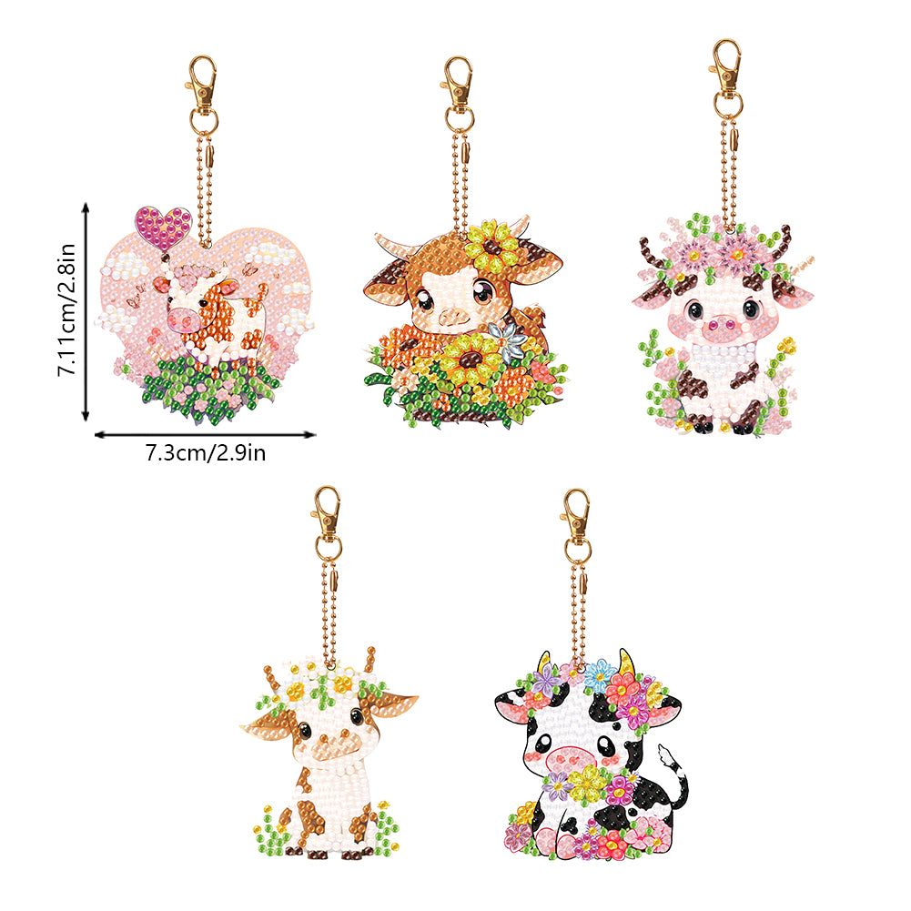 5PCS Double Sided Round Diamond Painting Art Keychain Pendant for Adults (Calf)