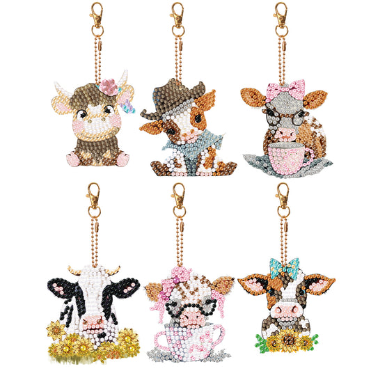 6PCS Double Sided Round Diamond Painting Art Keychain Pendant (Each Busy Cow)