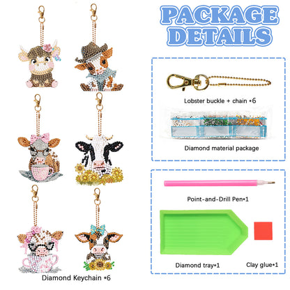6PCS Double Sided Round Diamond Painting Art Keychain Pendant (Each Busy Cow)