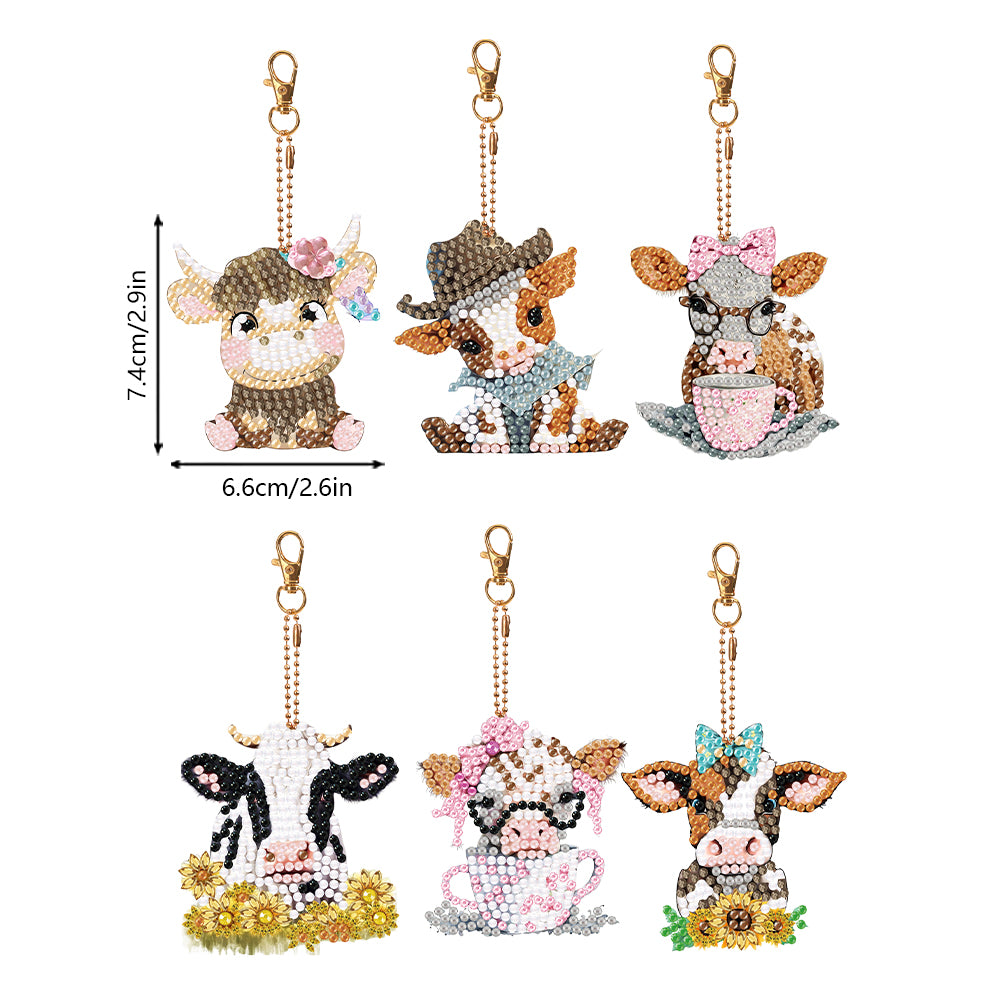 6PCS Double Sided Round Diamond Painting Art Keychain Pendant (Each Busy Cow)