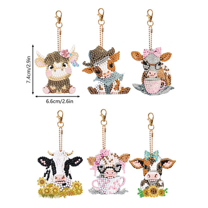 6PCS Double Sided Round Diamond Painting Art Keychain Pendant (Each Busy Cow)