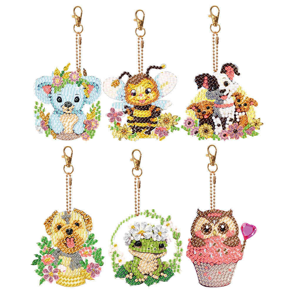 6PCS Double Sided Round Diamond Painting Art Keychain Pendant (Animal World)