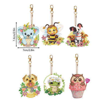 6PCS Double Sided Round Diamond Painting Art Keychain Pendant (Animal World)