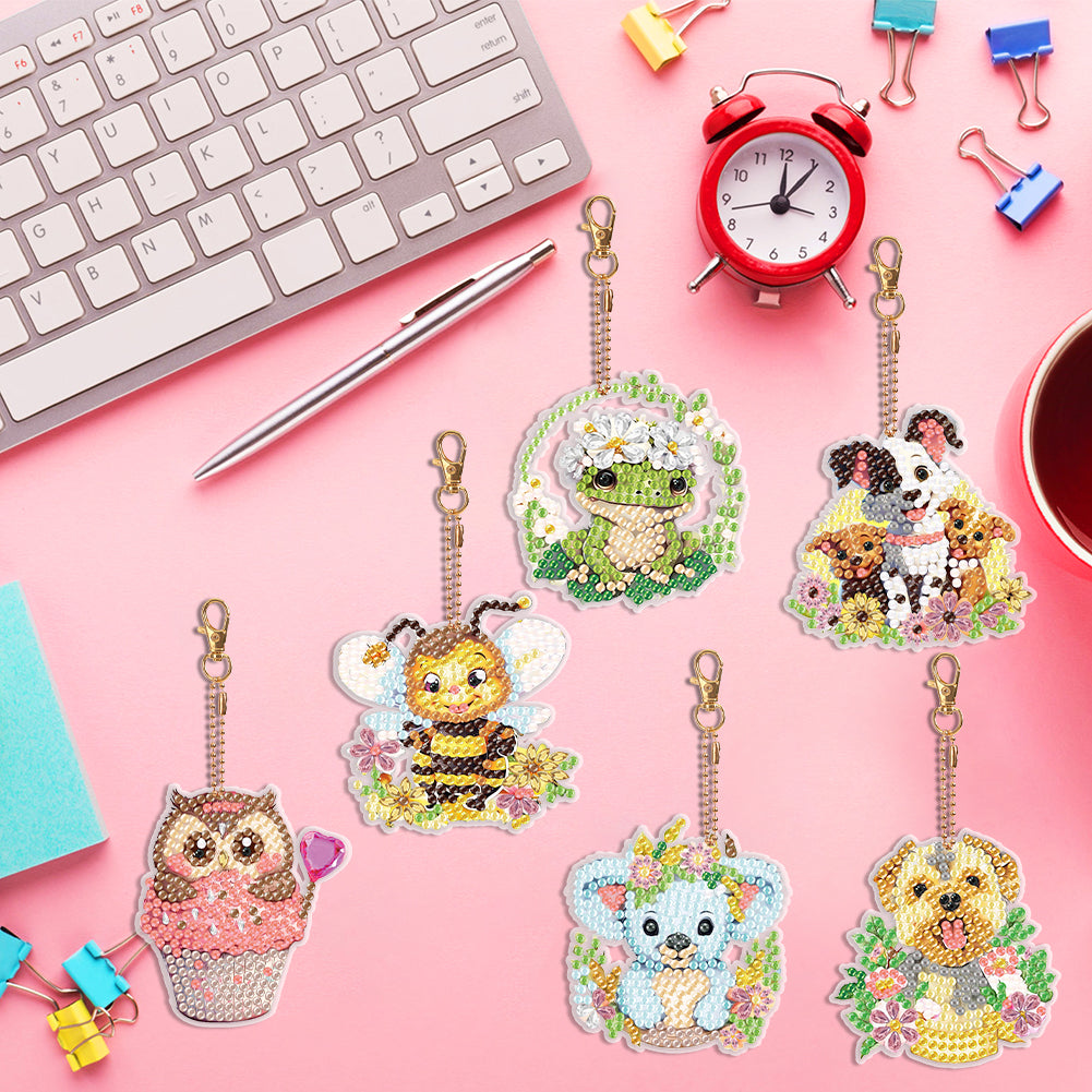 6PCS Double Sided Round Diamond Painting Art Keychain Pendant (Animal World)