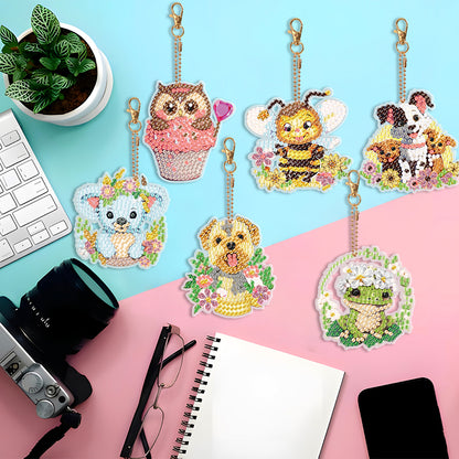 6PCS Double Sided Round Diamond Painting Art Keychain Pendant (Animal World)