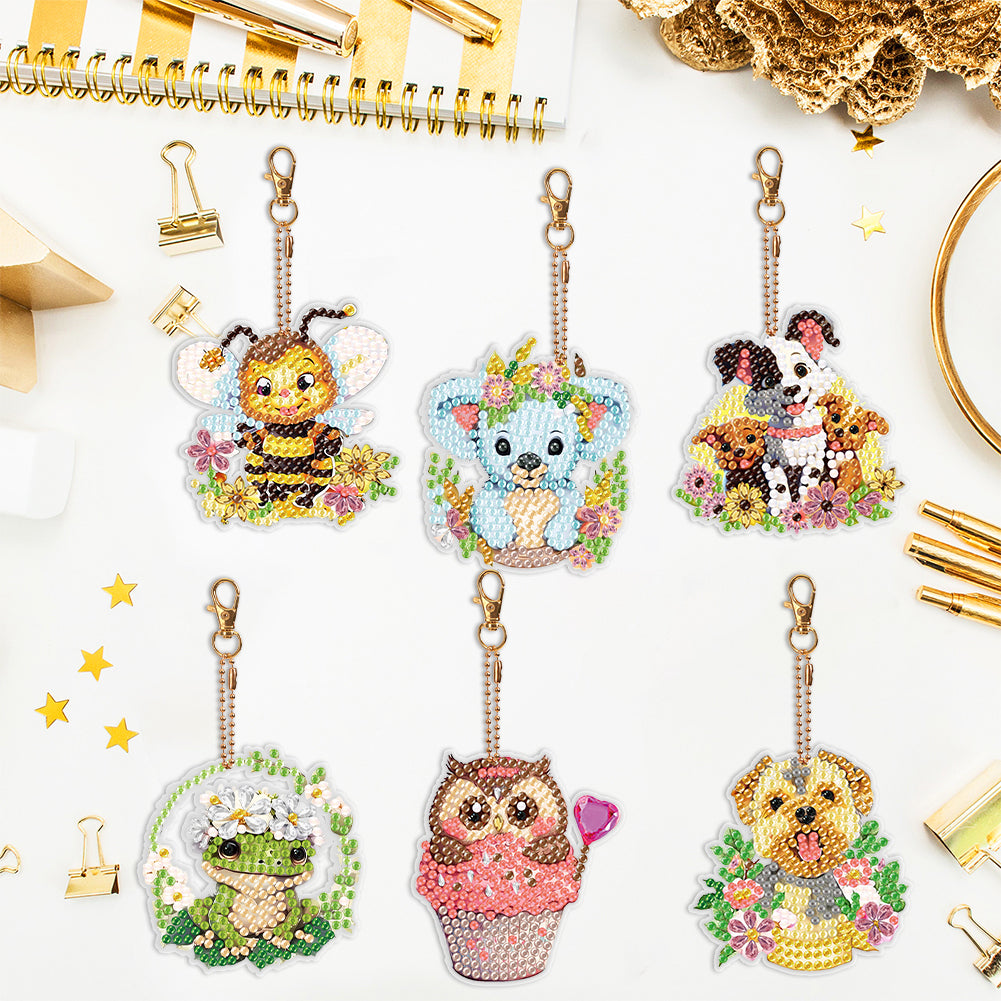 6PCS Double Sided Round Diamond Painting Art Keychain Pendant (Animal World)