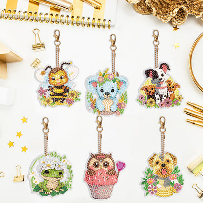 6PCS Double Sided Round Diamond Painting Art Keychain Pendant (Animal World)