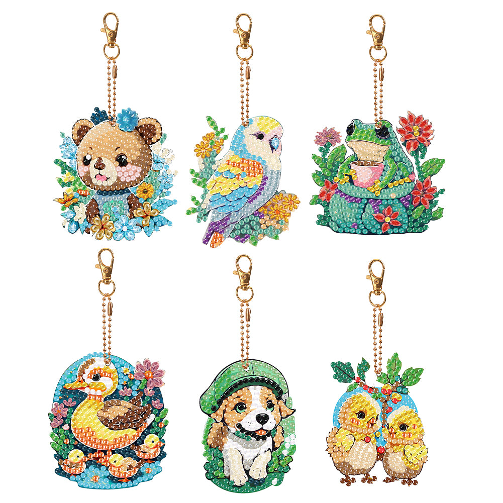 6PCS Double Sided Round Diamond Painting Art Keychain Pendant(Nature and Animal)
