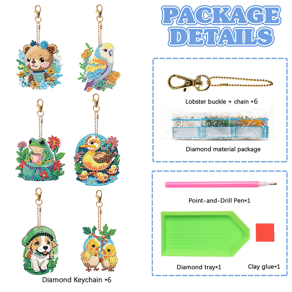 6PCS Double Sided Round Diamond Painting Art Keychain Pendant(Nature and Animal)