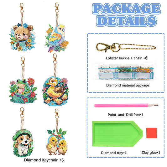 6PCS Double Sided Round Diamond Painting Art Keychain Pendant(Nature and Animal)