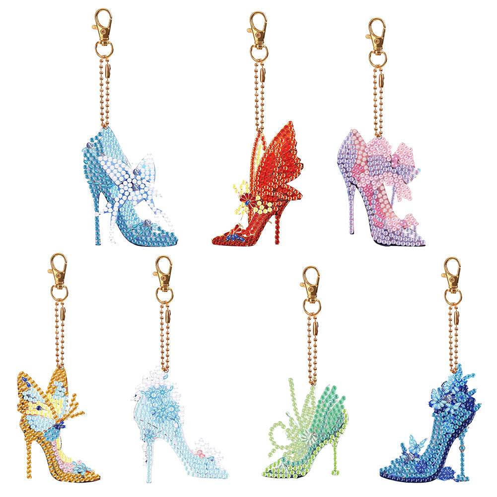 7PCS Double Sided Diamond Painting Art Keychain Pendant (Butterfly High Heels)