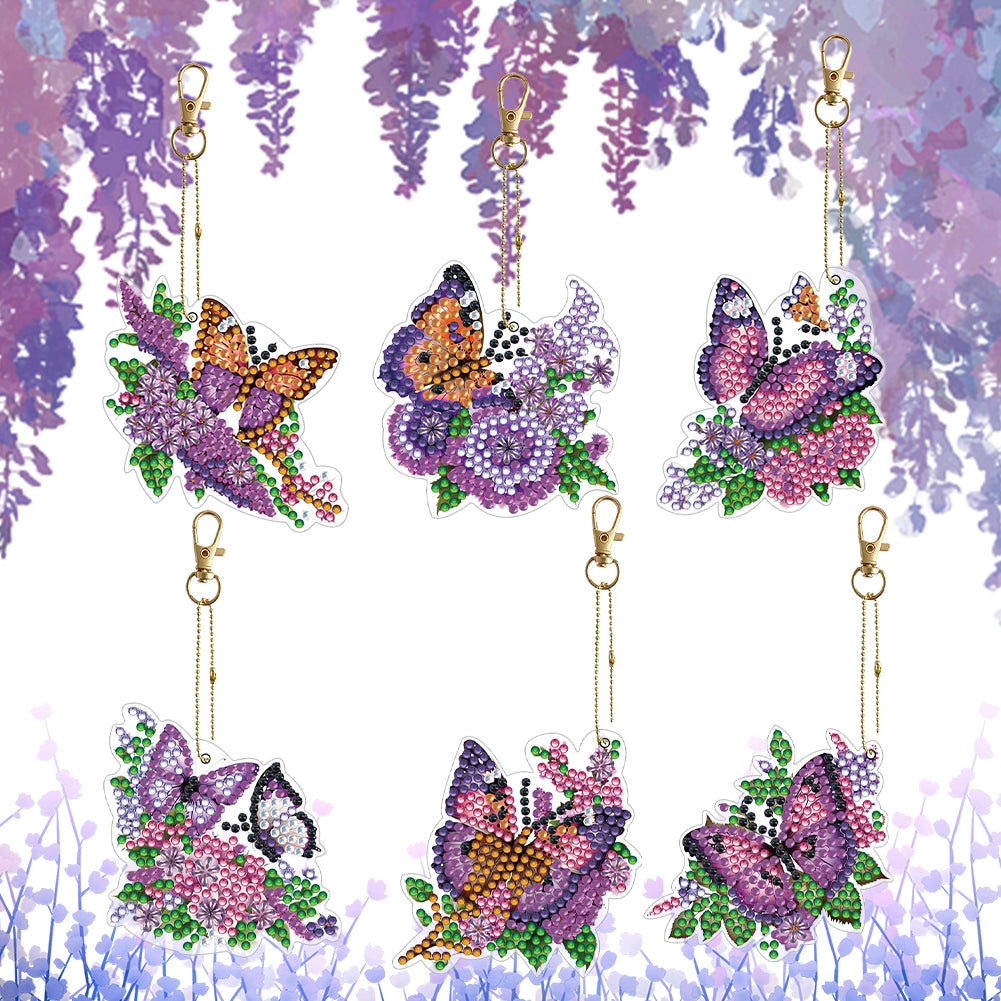 6PCS Double Sided Special Shape Diamond Painting Keychain (Purple Butterfly)