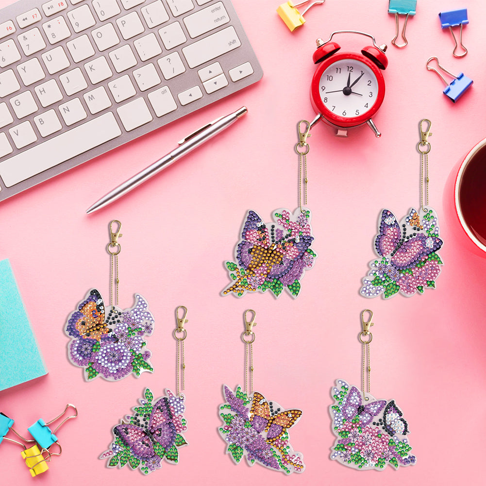 6PCS Double Sided Special Shape Diamond Painting Keychain (Purple Butterfly)