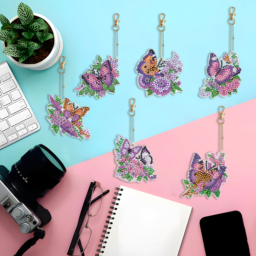 6PCS Double Sided Special Shape Diamond Painting Keychain (Purple Butterfly)