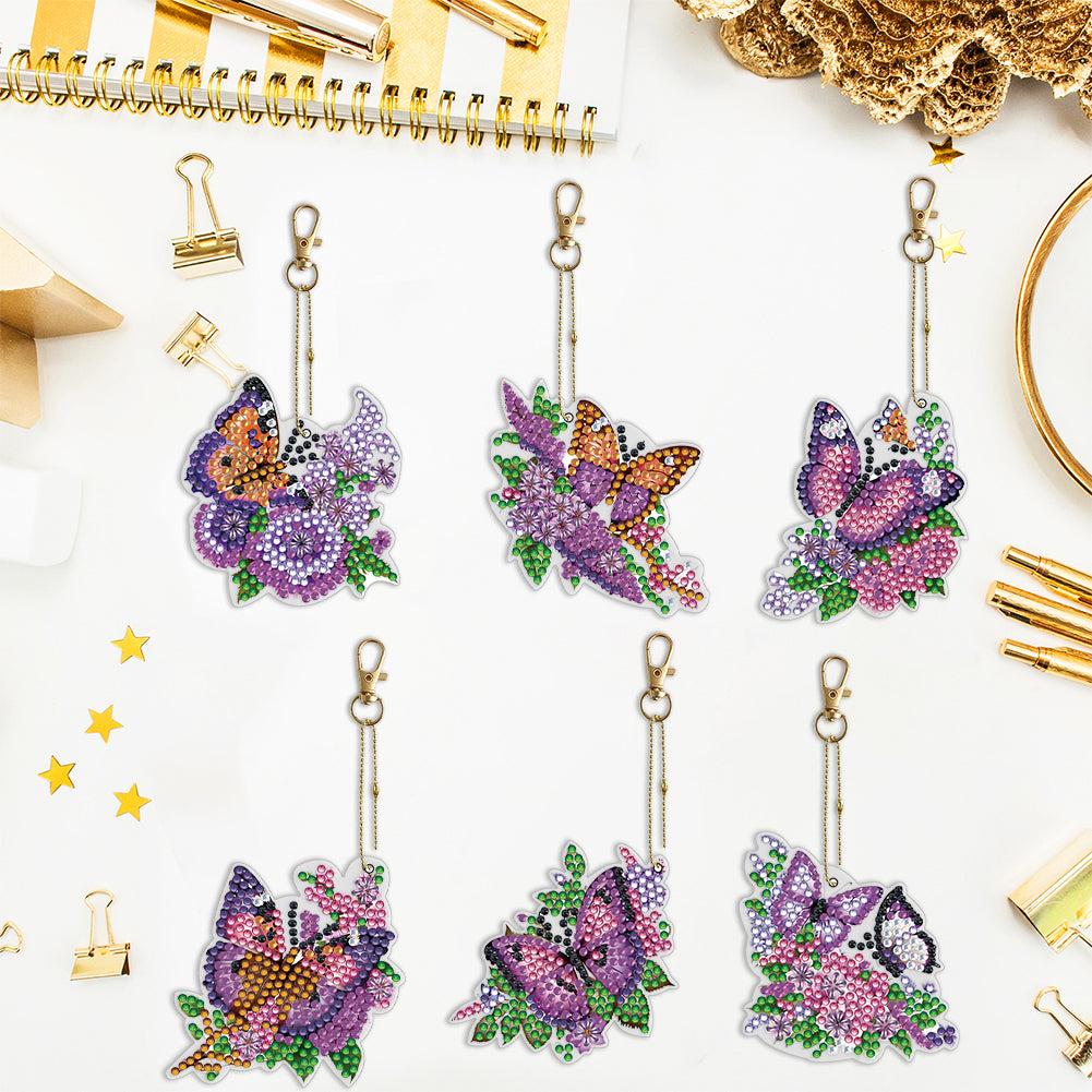 6PCS Double Sided Special Shape Diamond Painting Keychain (Purple Butterfly)