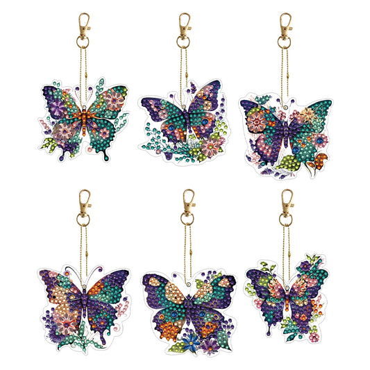 6PCS Double Sided Special Shape Diamond Painting Keychain (Flower Butterfly)