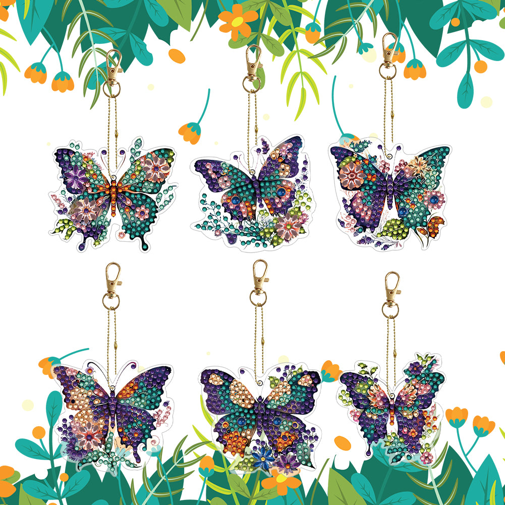 6PCS Double Sided Special Shape Diamond Painting Keychain (Flower Butterfly)