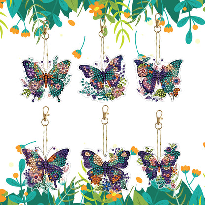 6PCS Double Sided Special Shape Diamond Painting Keychain (Flower Butterfly)