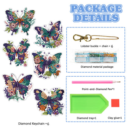 6PCS Double Sided Special Shape Diamond Painting Keychain (Flower Butterfly)