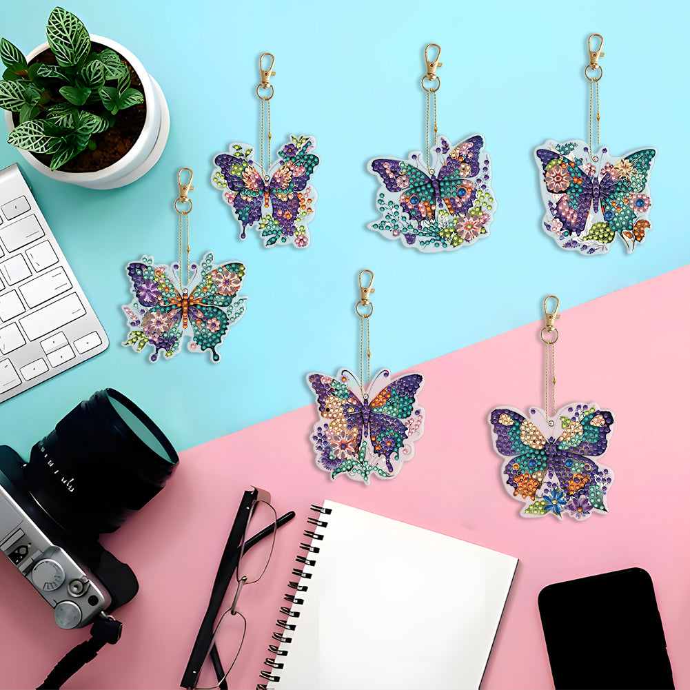 6PCS Double Sided Special Shape Diamond Painting Keychain (Flower Butterfly)