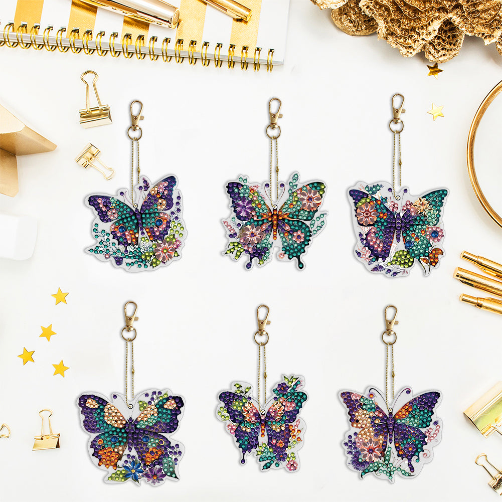 6PCS Double Sided Special Shape Diamond Painting Keychain (Flower Butterfly)