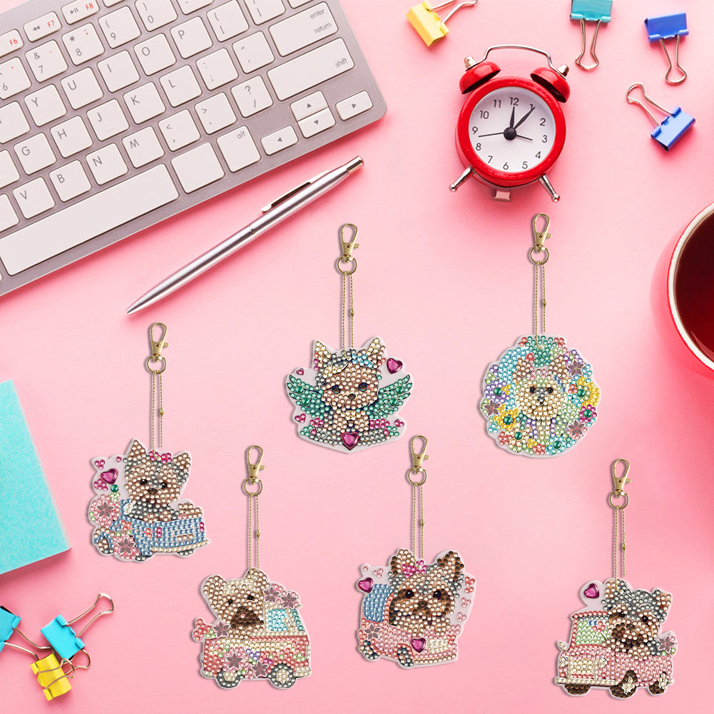 6PCS Double Sided Special Shape Diamond Painting Keychain (Yorkie Puppy)