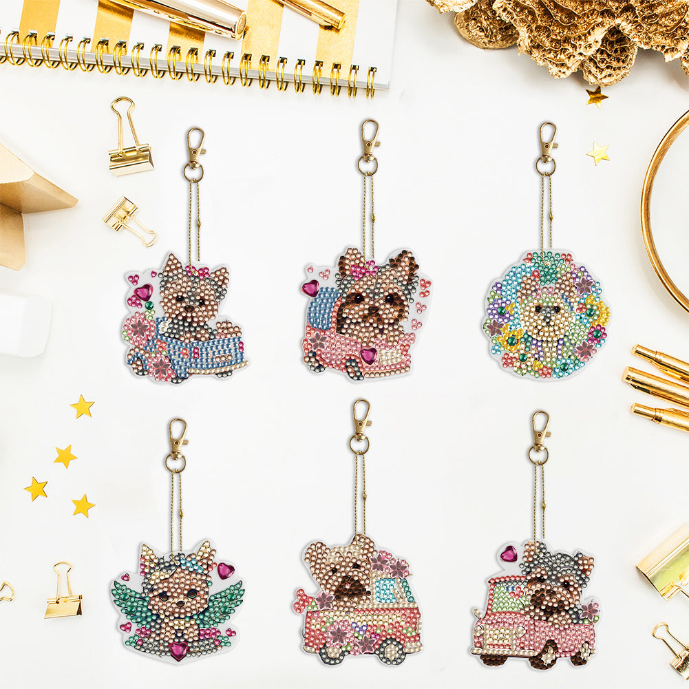 6PCS Double Sided Special Shape Diamond Painting Keychain (Yorkie Puppy)