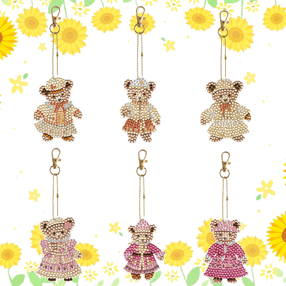 6PCS Double Sided Special Shape Diamond Painting Keychain for Beginners (Bear)