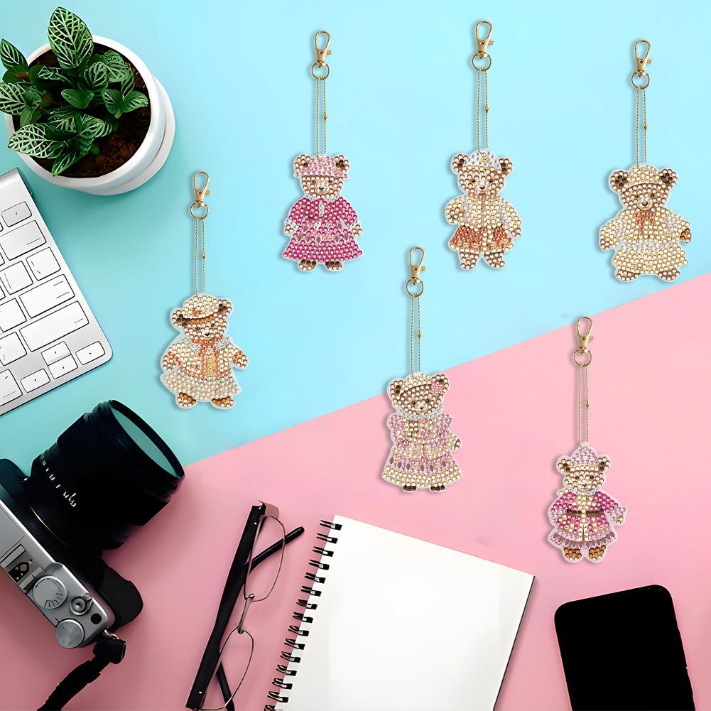 6PCS Double Sided Special Shape Diamond Painting Keychain for Beginners (Bear)