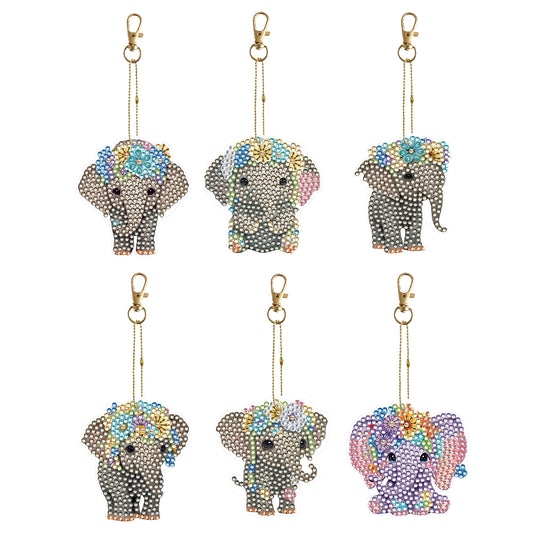 6PCS Double Sided Special Shape Diamond Painting Keychain for Beginner(Elephant)