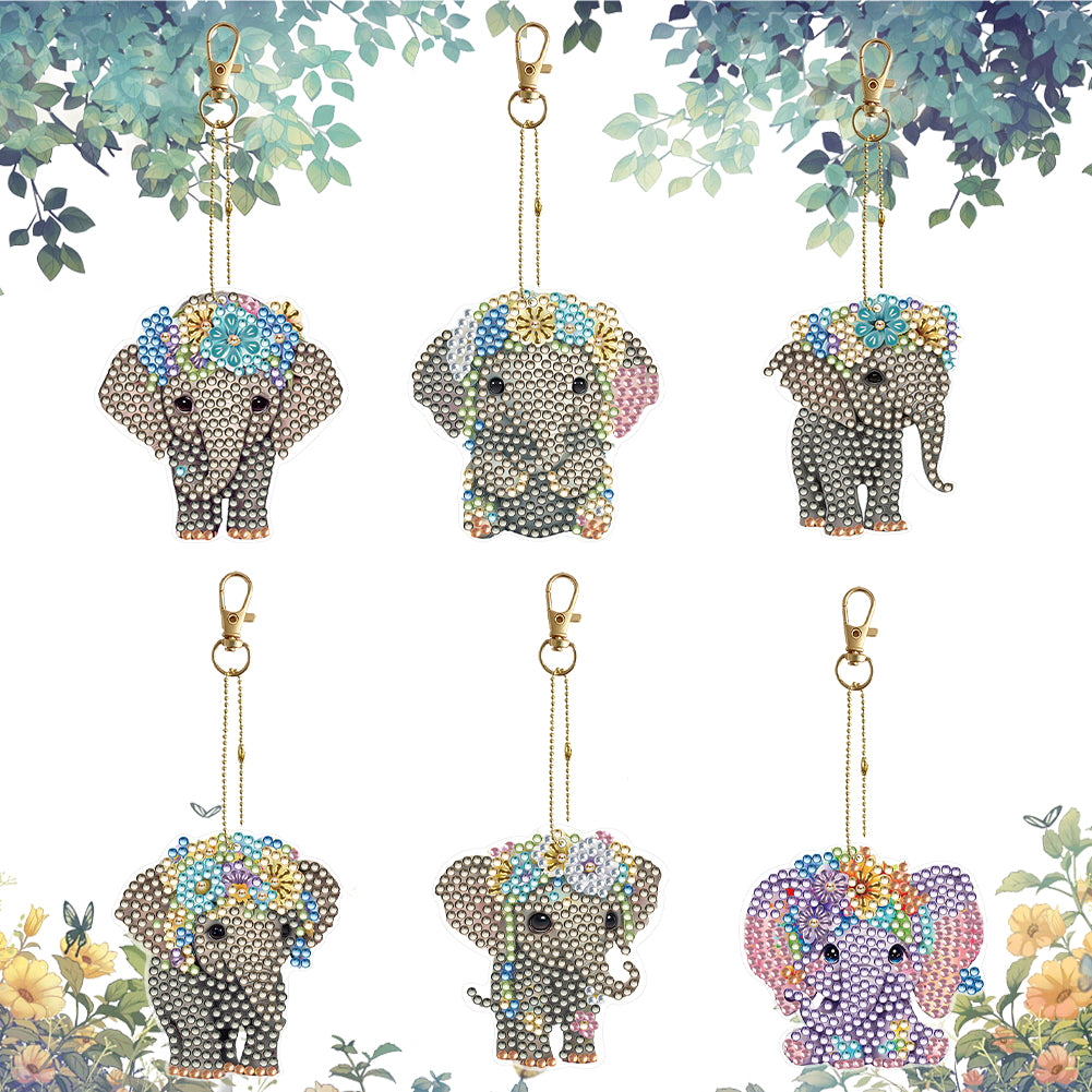6PCS Double Sided Special Shape Diamond Painting Keychain for Beginner(Elephant)