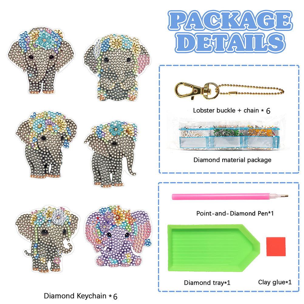 6PCS Double Sided Special Shape Diamond Painting Keychain for Beginner(Elephant)