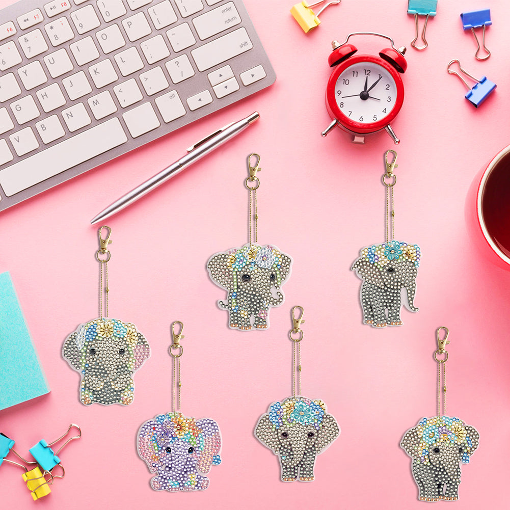 6PCS Double Sided Special Shape Diamond Painting Keychain for Beginner(Elephant)