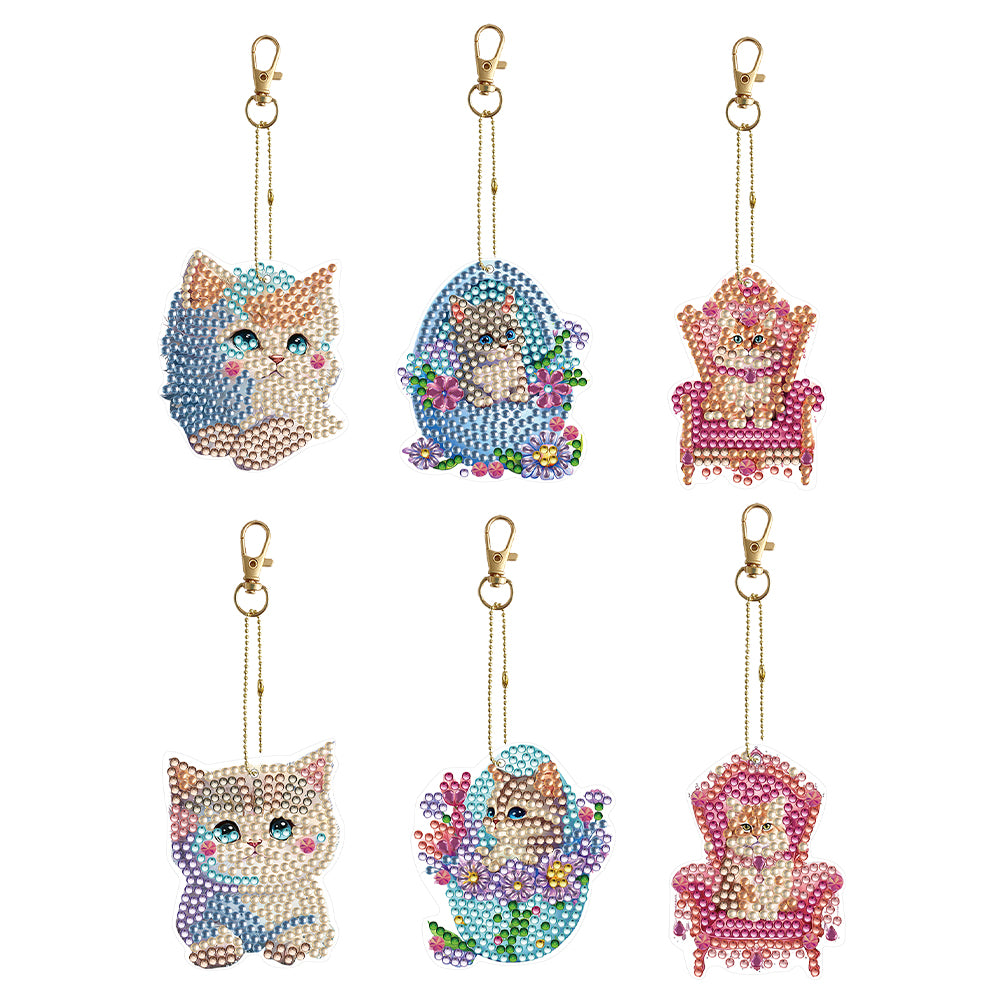 6PCS Double Sided Special Shape Diamond Painting Keychain for Beginners (Kitten)