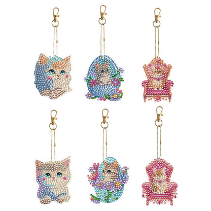 6PCS Double Sided Special Shape Diamond Painting Keychain for Beginners (Kitten)