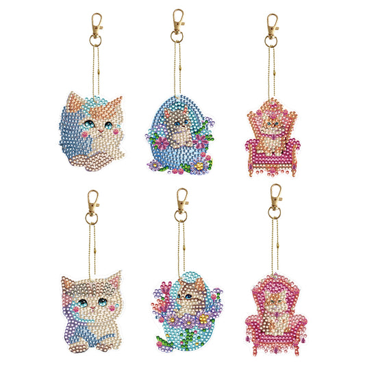 6PCS Double Sided Special Shape Diamond Painting Keychain for Beginners (Kitten)