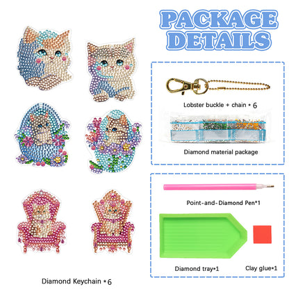 6PCS Double Sided Special Shape Diamond Painting Keychain for Beginners (Kitten)
