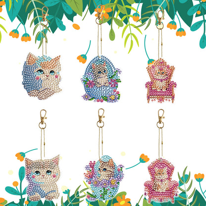 6PCS Double Sided Special Shape Diamond Painting Keychain for Beginners (Kitten)